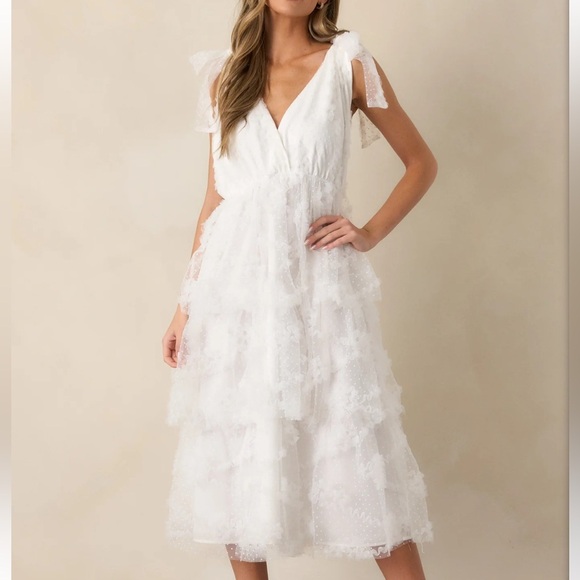 JUST ME White Lace Sleeveless Deep V-Neck Tiered Midi Dress Size L Open Back - Picture 11 of 16